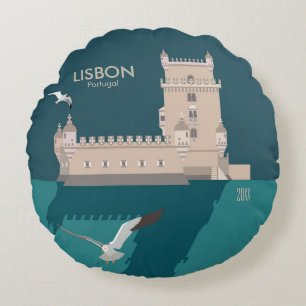 Almofada Redonda Torre Lisboa de Belem no estilo do poster vintage