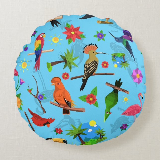 Almofada Redonda Toucan Flamingo E Arara - Padrão De Aves Sem Costu (Frente)