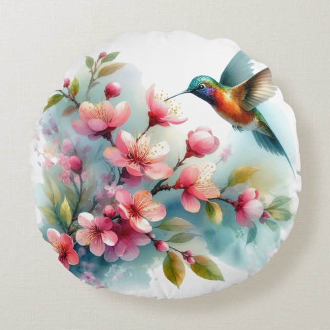 Almofada Redonda Trabalho de arte de pássaro-primavera (Frente)