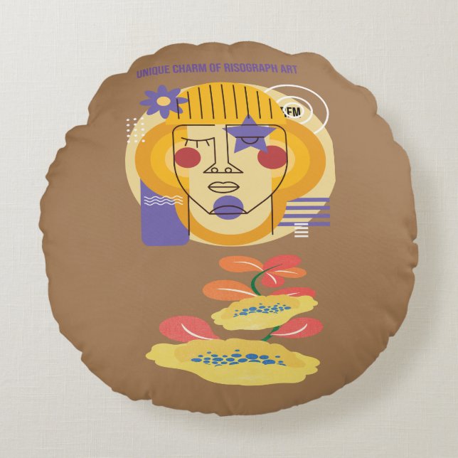 Almofada Redonda Trabalho de arte de risógrafo personalizado (Frente)