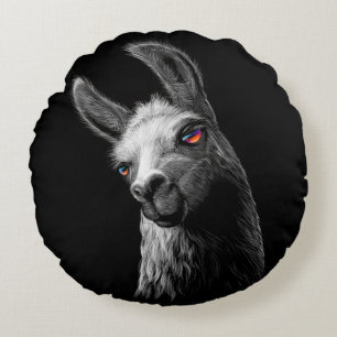 Almofada Redonda Traço De Cabeça Retrato Llama Em Fundo Preto