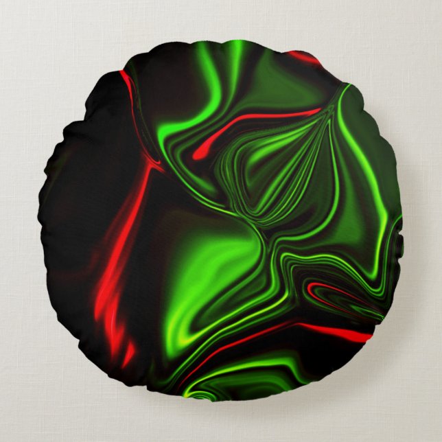 Almofada Redonda Traços curvos vermelhos e verdes sobre fundo escur (Frente)