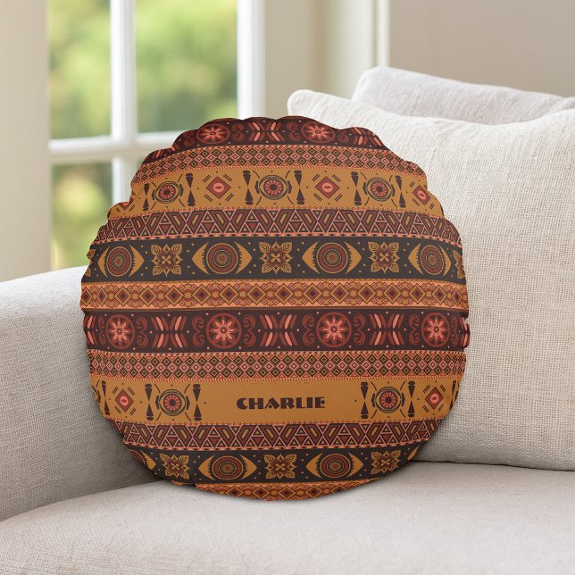 Almofada Redonda Traditional Terracotta Ethnic Tribal Boho Pattern (Criador carregado)