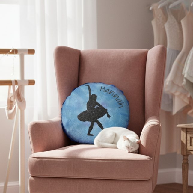 Almofada Redonda Travesseiro Ballerina Azul com Nome - Redonda - 16 (Round blue ballerina pillow with custom name. 🩰)