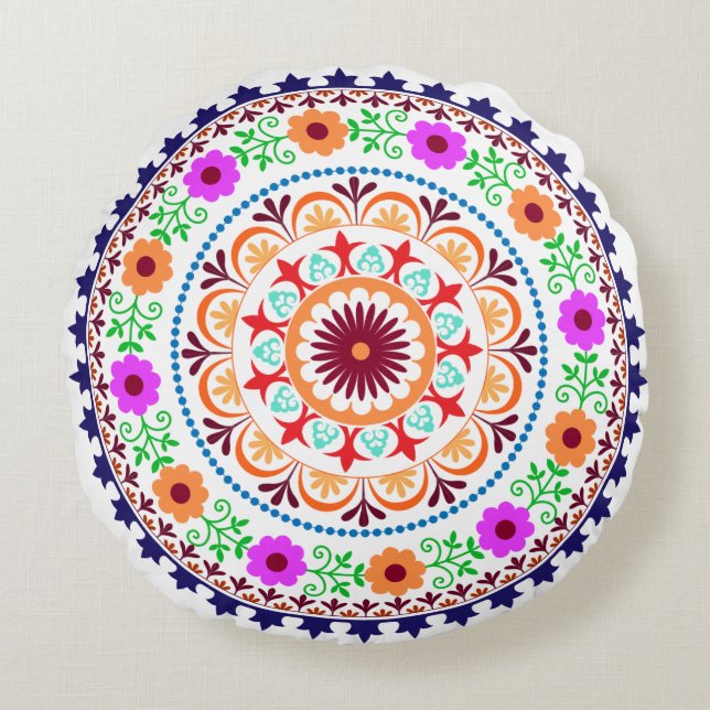 Almofada Redonda Travesseiro-branco redondo do design floral boémio (Frente)