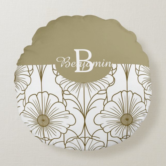 Almofada Redonda Travesseiro circular de padrão floral Dourado (Frente)