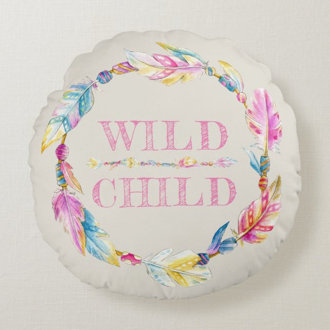 Almofada Redonda Travesseiro de arte de penas de criança selvagem (Frente)