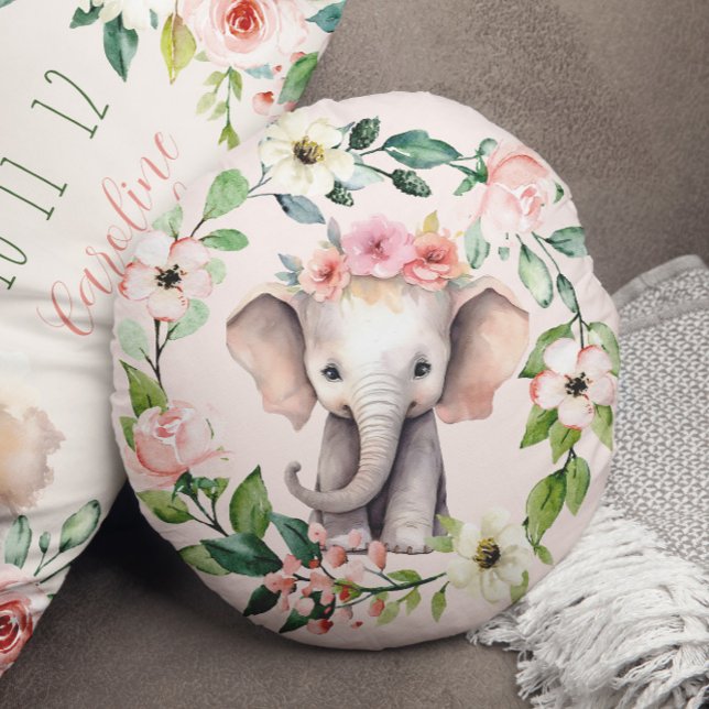 Almofada Redonda Travesseiro de Elefante Floral Floral, Cute Round (Cute Round Floral Wreath Elephant Pillow)