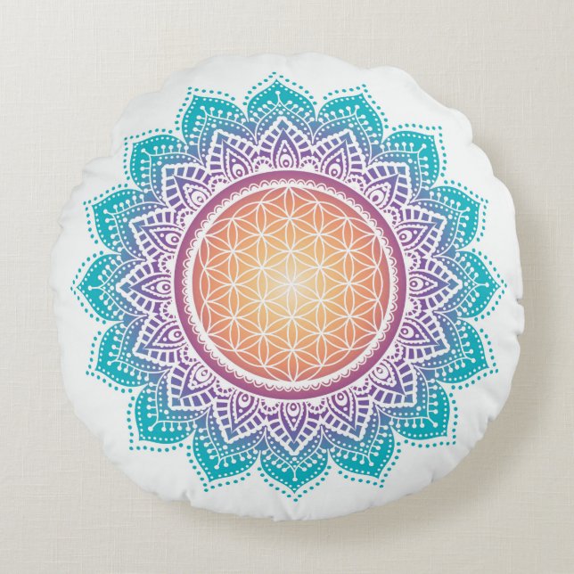 Almofada Redonda Travesseiro de meditação Flor da vida Mandala (Frente)