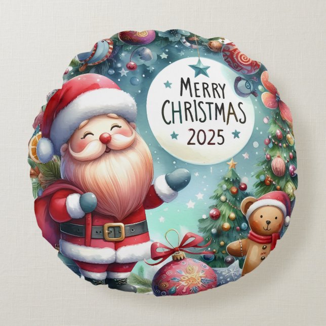 Almofada Redonda Travesseiro de Natal Colorida Snowman & Ornaments (Frente)