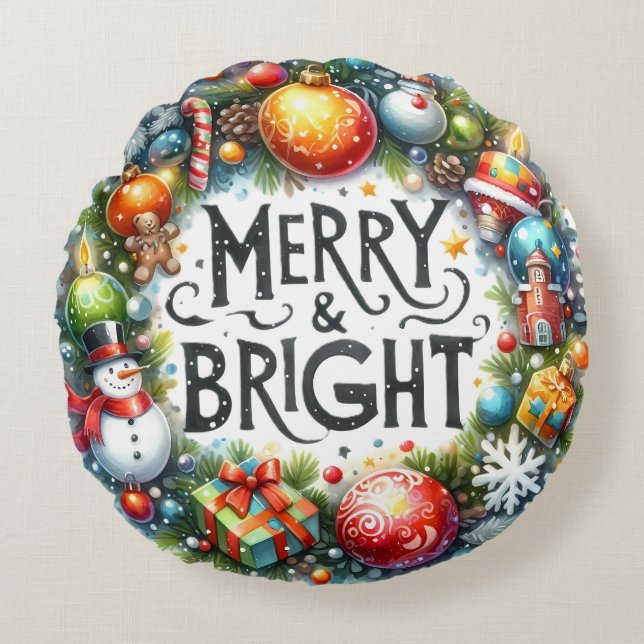 Almofada Redonda Travesseiro de Natal Colorida Snowman & Ornaments (Frente)