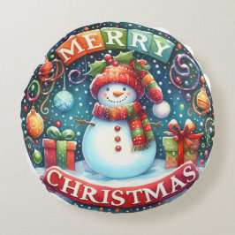 Almofada Redonda Travesseiro de Natal Colorida Snowman & Ornaments