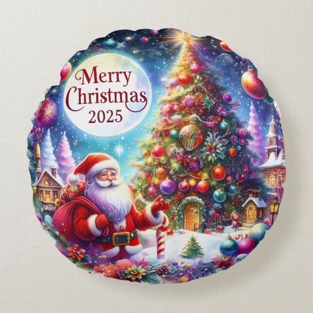 Almofada Redonda Travesseiro de Natal Colorida Snowman & Ornaments (Frente)