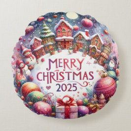 Almofada Redonda Travesseiro de Natal Colorida Snowman & Ornaments