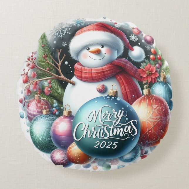 Almofada Redonda Travesseiro de Natal Colorida Snowman & Ornaments (Frente)