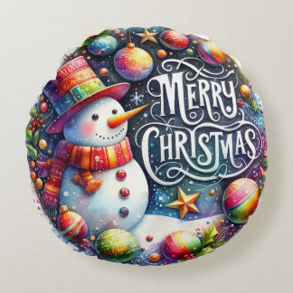 Almofada Redonda Travesseiro de Natal Colorida Snowman & Ornaments