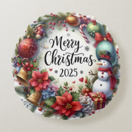 Almofada Redonda Travesseiro de Natal Colorida Snowman & Ornaments
