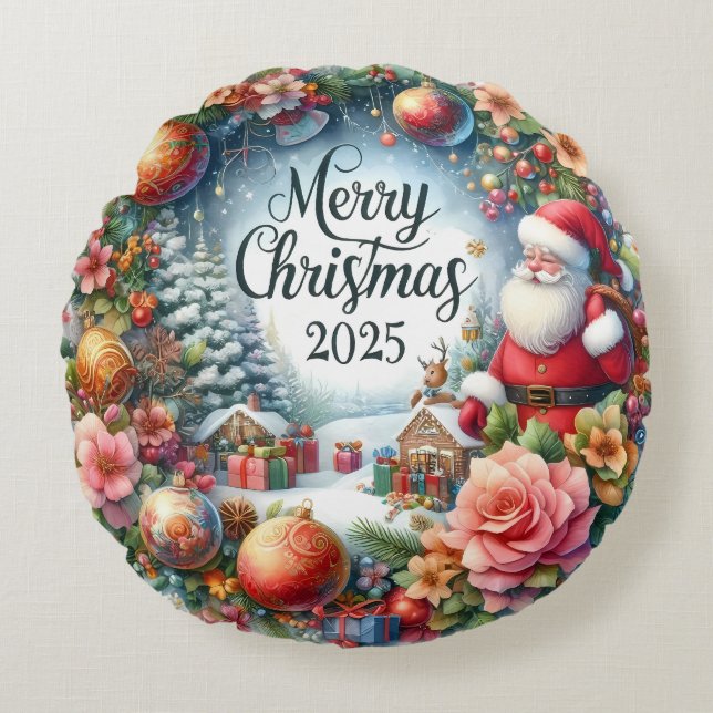 Almofada Redonda Travesseiro de Natal Colorida Snowman & Ornaments (Frente)