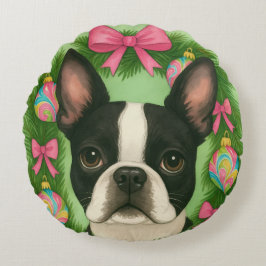 Almofada Redonda Travesseiro de Natal do Boston Terrier
