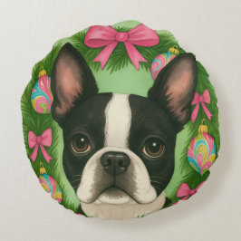 Almofada Redonda Travesseiro de Natal do Boston Terrier