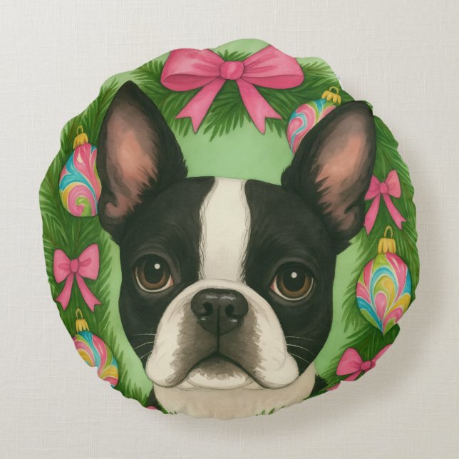 Almofada Redonda Travesseiro de Natal do Boston Terrier (Verso)