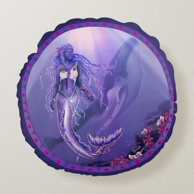 Almofada Redonda Travesseiro de sereia roxa do oceano (Frente)