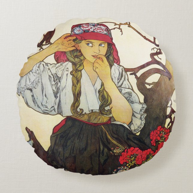 Almofada Redonda Travesseiro decorativo Alphonse Mucha (Frente)