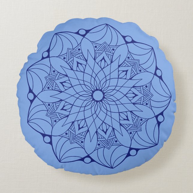 Almofada Redonda travesseiro decorativo Azul De Mandala, De 2 Tonel (Frente)