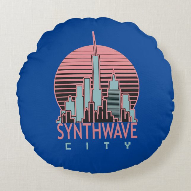 Almofada Redonda Travesseiro decorativo de Cidade de Synthwave (Frente)