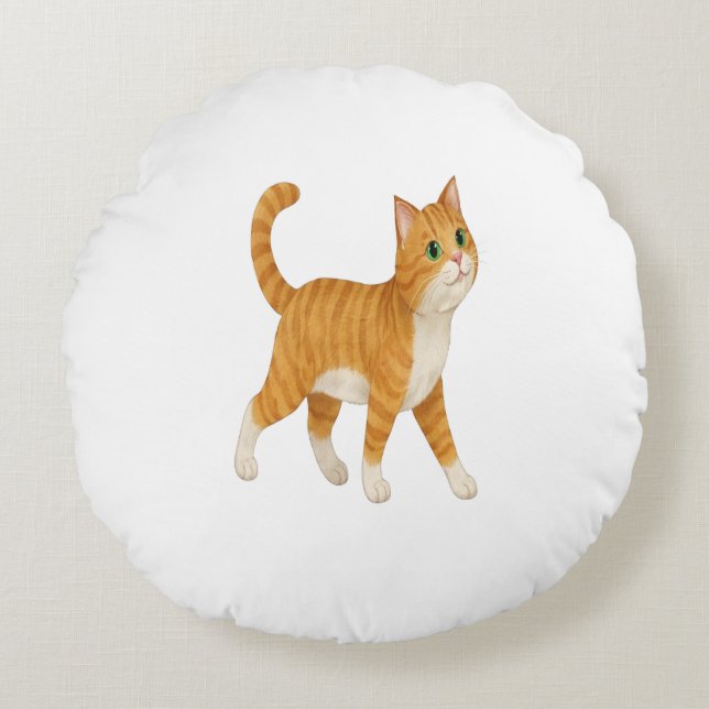 Almofada Redonda Travesseiro Decorativo de Gato Laranja Sorridente (Frente)