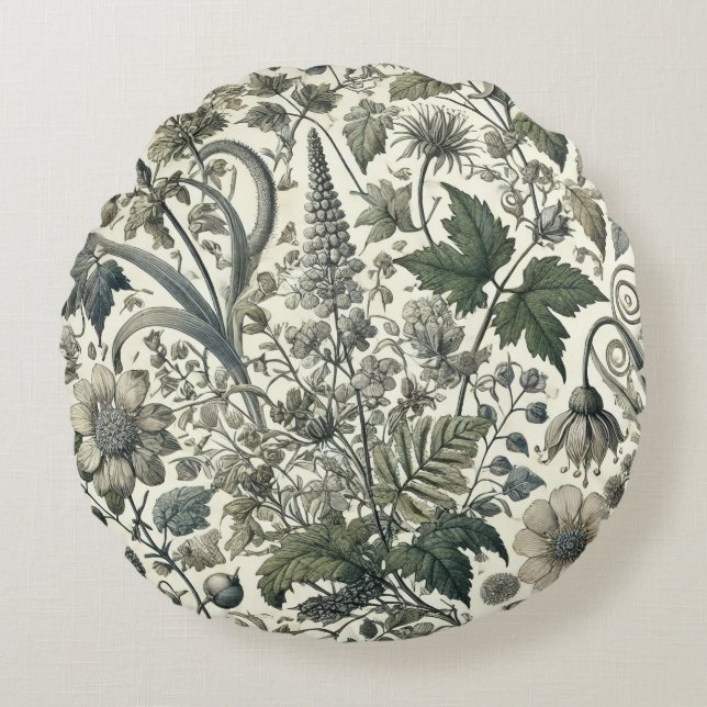 Almofada Redonda Travesseiro decorativo de padrão botânico (Frente)
