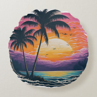 Almofada Redonda Travesseiro Decorativo de Palmeiras e Sunset de Pr