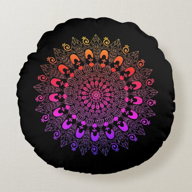 Almofada Redonda Travesseiro decorativo Design de Flor Mandala (Frente)