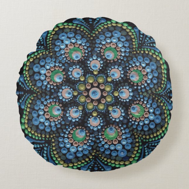 Almofada Redonda Travesseiro decorativo Peacock Dot Mandala (Frente)