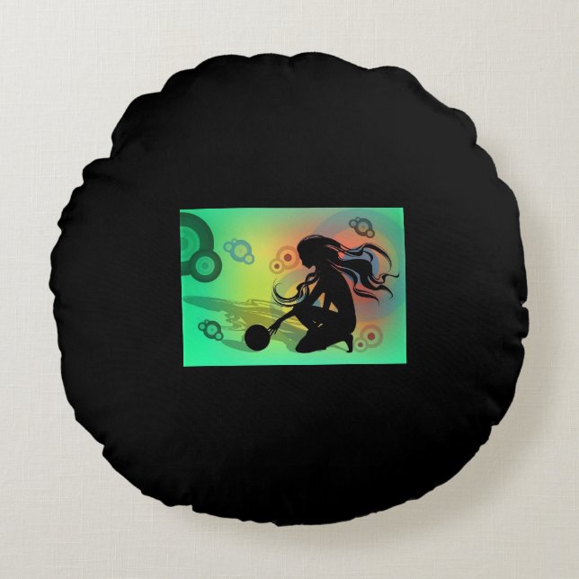 Almofada Redonda Travesseiro decorativo preto com design verde. (Frente)