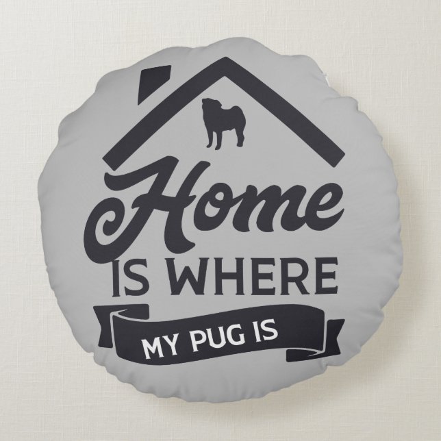 Almofada Redonda Travesseiro decorativo - Pug Home Blue & Cinza (Verso)