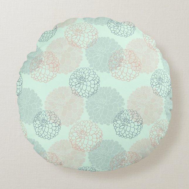 Almofada Redonda Travesseiro decorativo redondo Dahlias, rosa e azu (Frente)