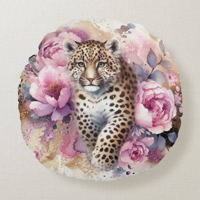 Almofada Redonda Travesseiro decorativo redondo de leopardo e Rosas (Frente)