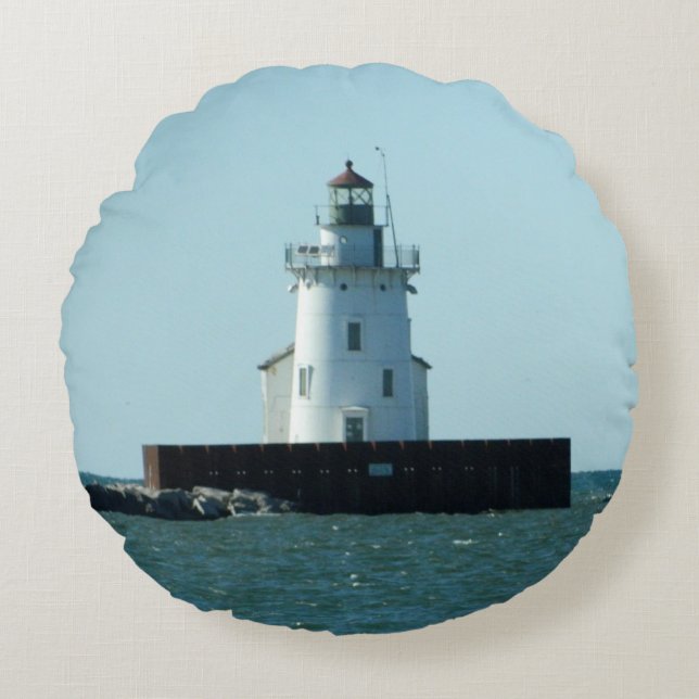 Almofada Redonda Travesseiro do Farol de Pierhead Ocidental (Clevel (Frente)