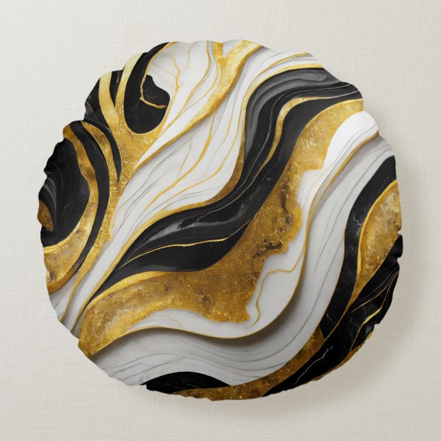 Almofada Redonda Travesseiro Dourado Decorativo Marbleized Elegante (Frente)