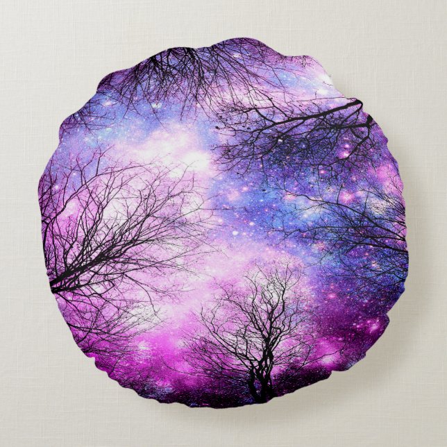Almofada Redonda Travesseiro Espacial Violeta da Fúchsia Árvore Neg (Verso)
