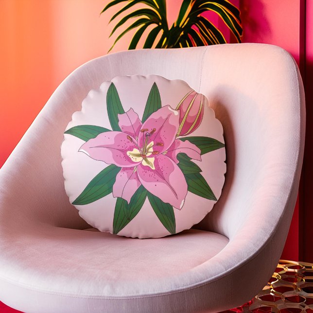 Almofada Redonda Travesseiro Lilar Redondo Liloso Sensível, Rosa Su (Soft Pink Blooming Lily Round Pillow)