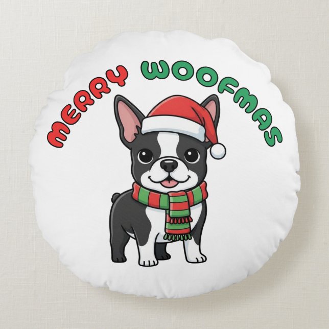 Almofada Redonda Travesseiro Natal de Boston Terrier: Woofmas Feliz (Frente)