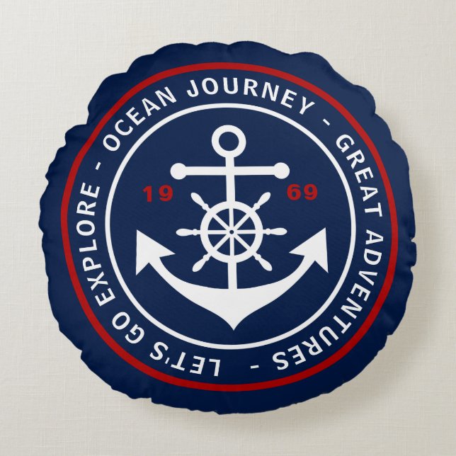 Almofada Redonda Travesseiro náutico dos azuis marinhos redondos (Frente)