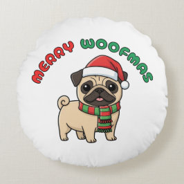 Almofada Redonda Travesseiro Redonda de Natal Pug: Woofmas Felizes