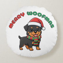 Travesseiro Redonda do Rottweiler de Natal: Feliz