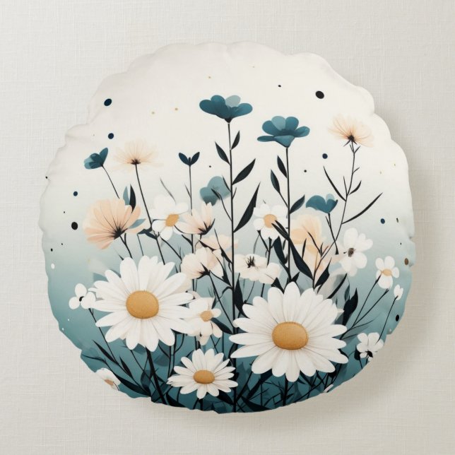 Almofada Redonda Travesseiro redondo amarelo branco Floral (Frente)