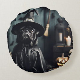 Almofada Redonda Travesseiro redondo Black Pug Wizard Halloween