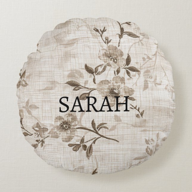 Almofada Redonda Travesseiro redondo com padrão floral castanho (Frente)