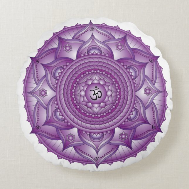 Almofada Redonda Travesseiro Redondo da Crown Chakra Purple Mandala (Frente)